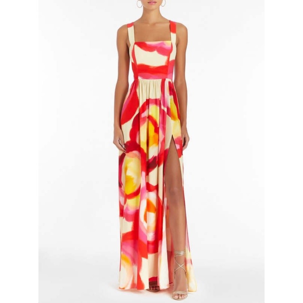 Amanda Uprichard Red Pink Yellow Abstract Floral Maxi Dress High Slit